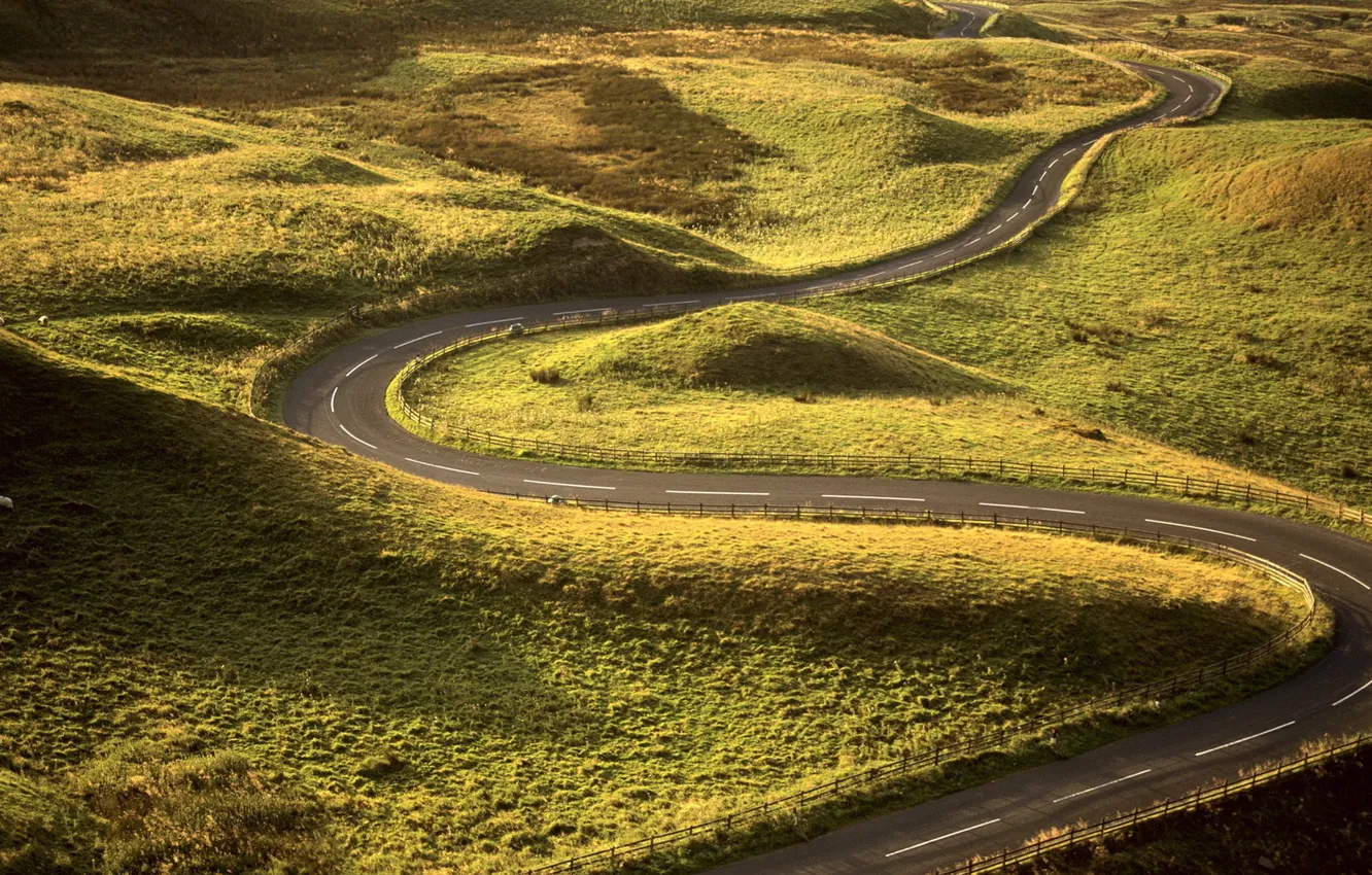 Photo wallpaper road, field, grass, rays