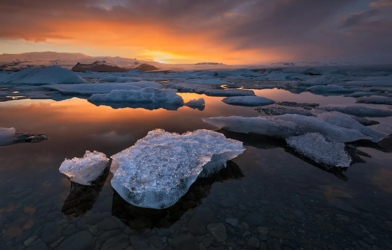 Photo wallpaper ice, landscape, the ocean, dawn
