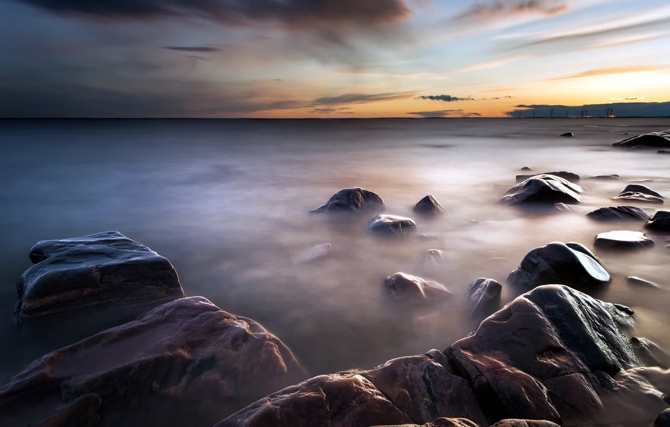 Photo wallpaper sea, landscape, night, stones