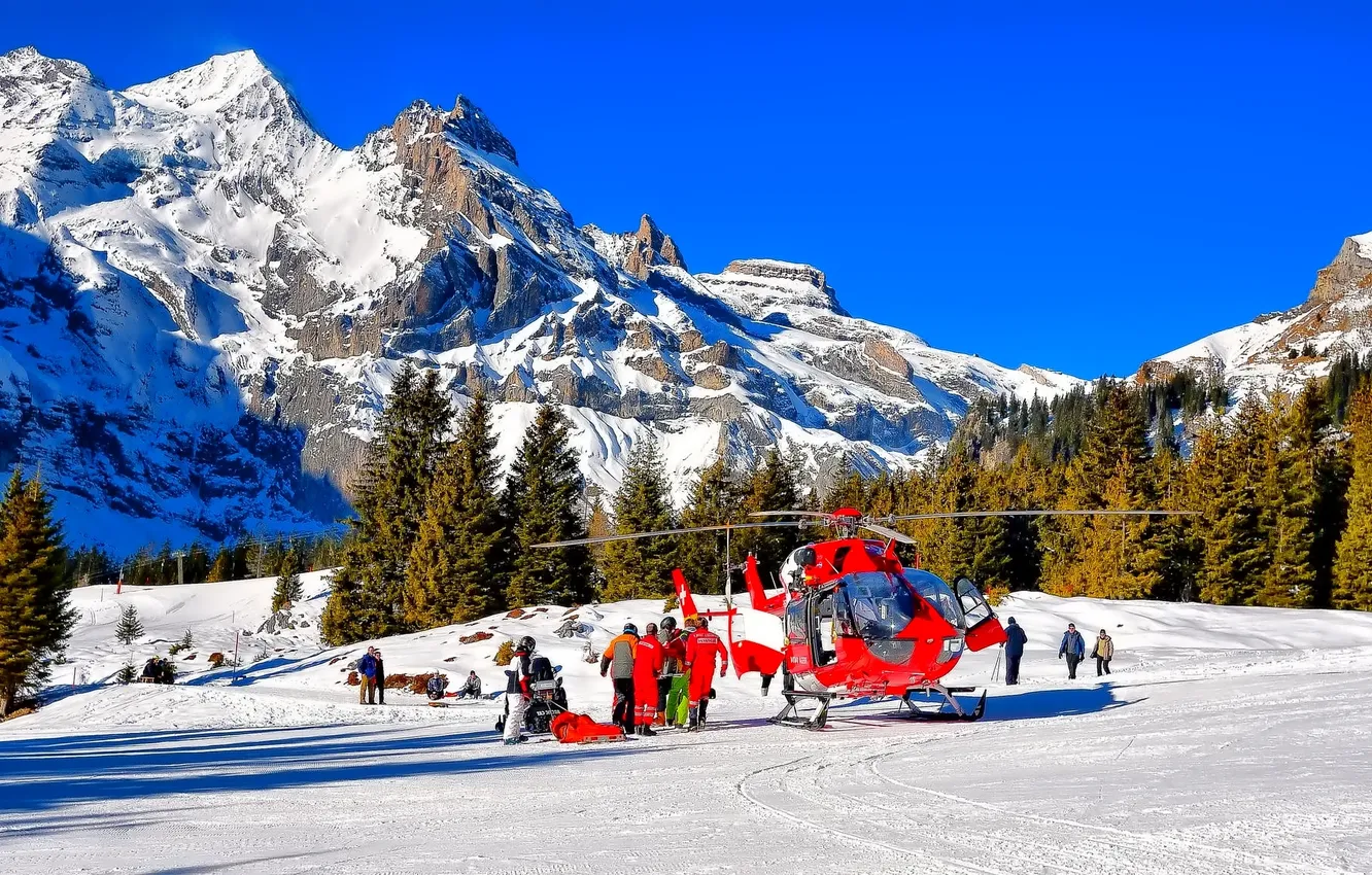 Photo wallpaper the sky, mountains, people, Switzerland, Alps, helicopter, rescuers