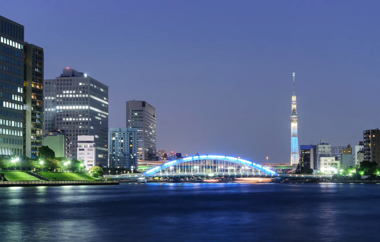Photo wallpaper night, bridge, lights, river, tower, home, Japan, lights