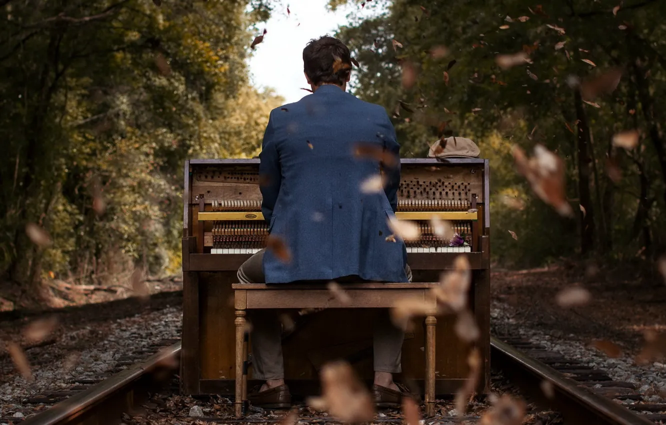 Photo wallpaper leaves, music, people, railroad, piano