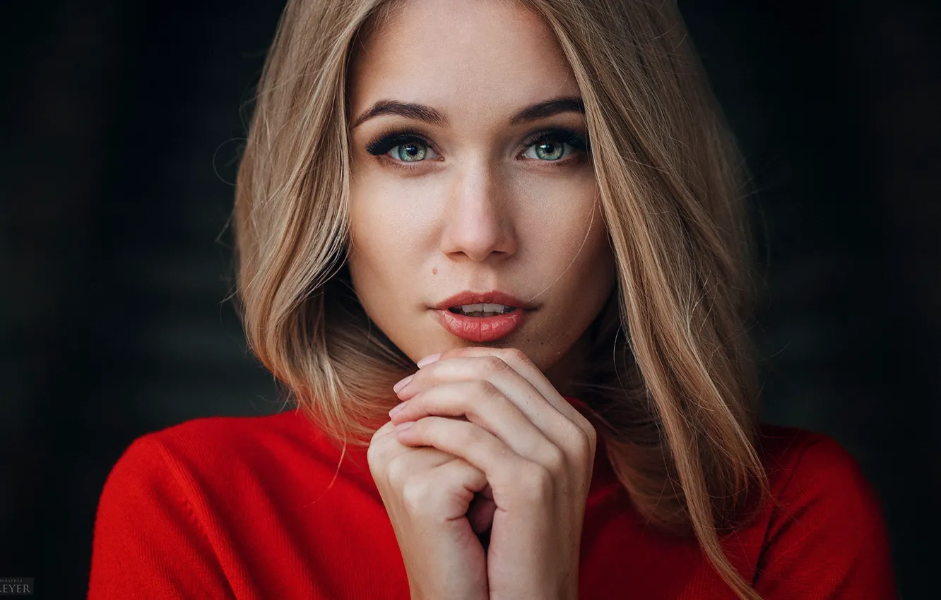 Photo wallpaper look, face, background, portrait, hands, makeup, hairstyle, blonde