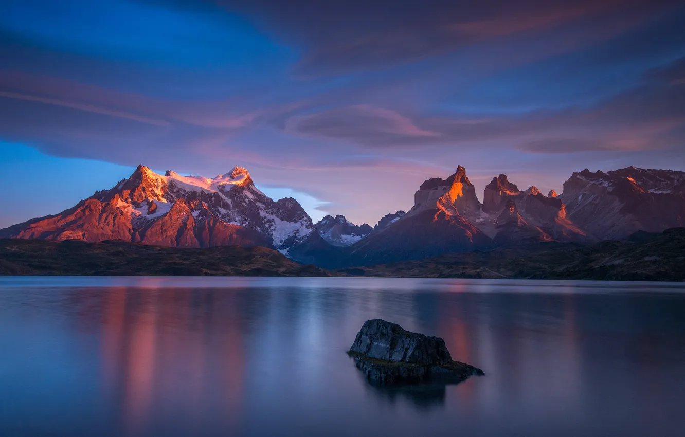 Photo wallpaper the sky, mountains, nature, stone, tops, the evening, pond, Chile