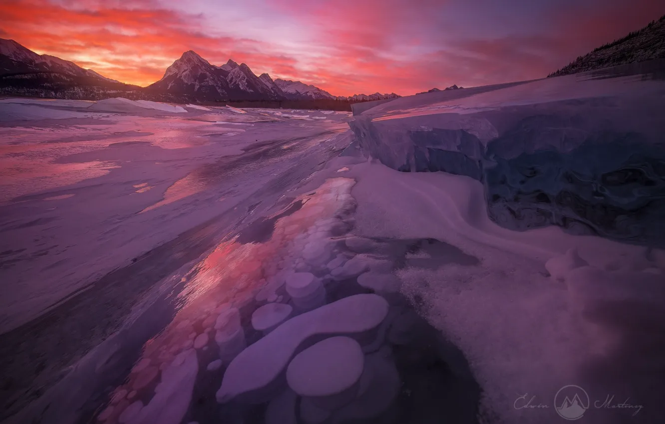 Photo wallpaper ice, winter, light, snow, sunset, mountains, river, the evening