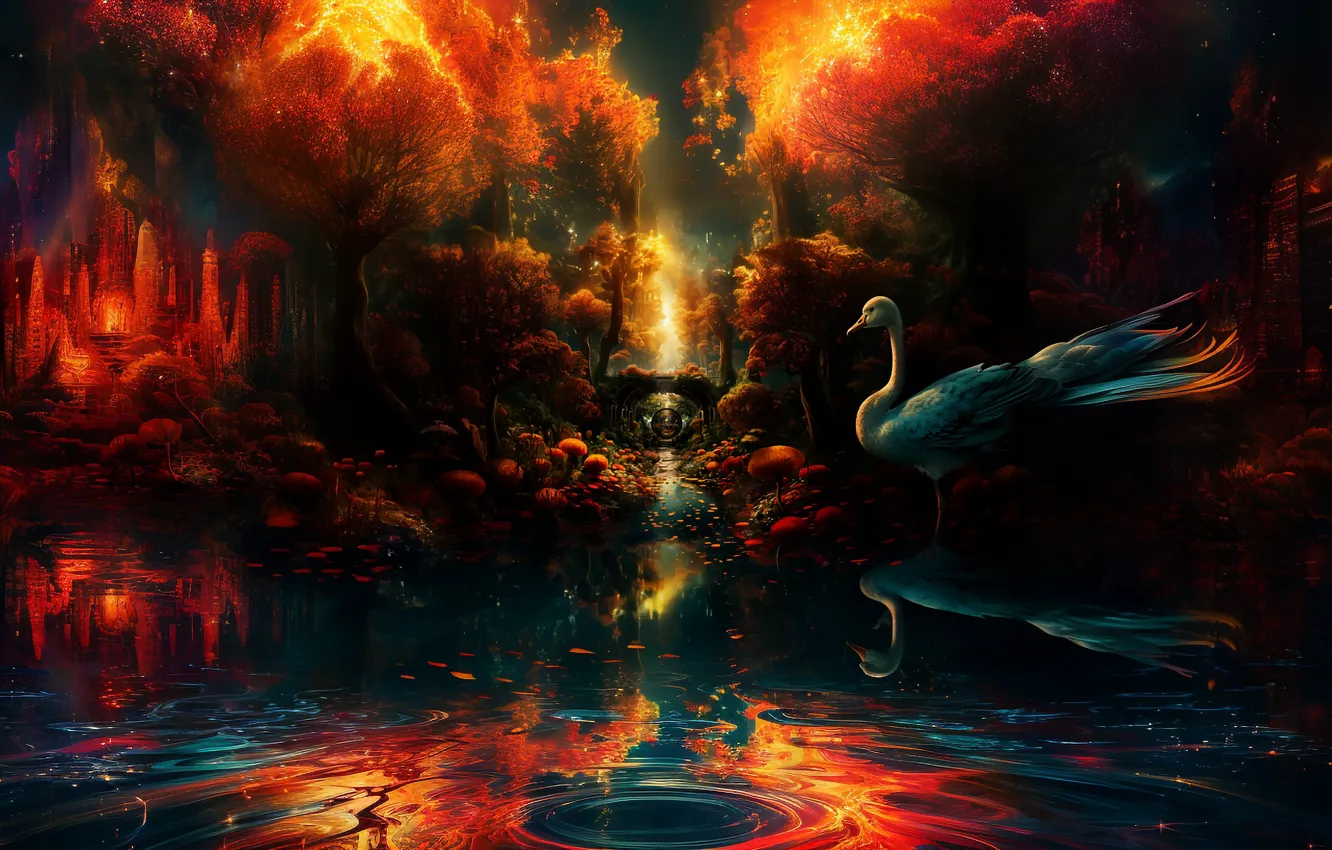 Photo wallpaper water, light, trees, nature, castle, fantasy, bird, shore