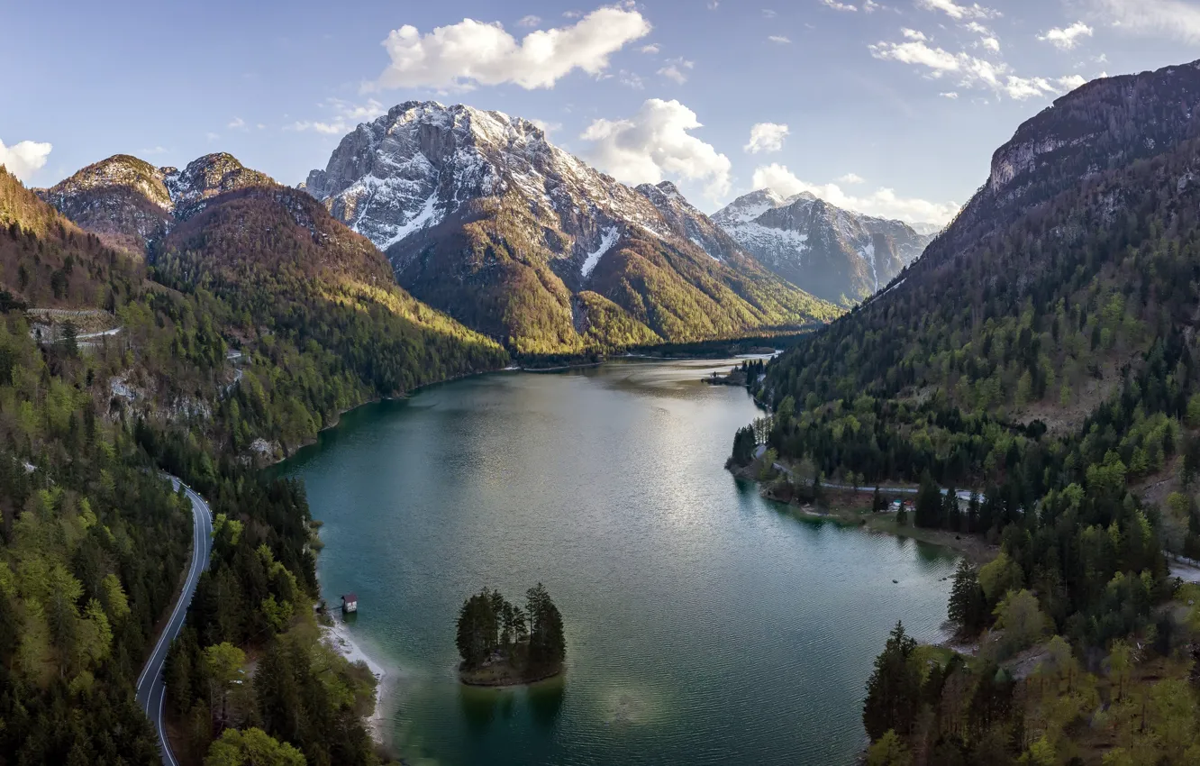 Photo wallpaper road, mountains, lake, Alps, Italy, island