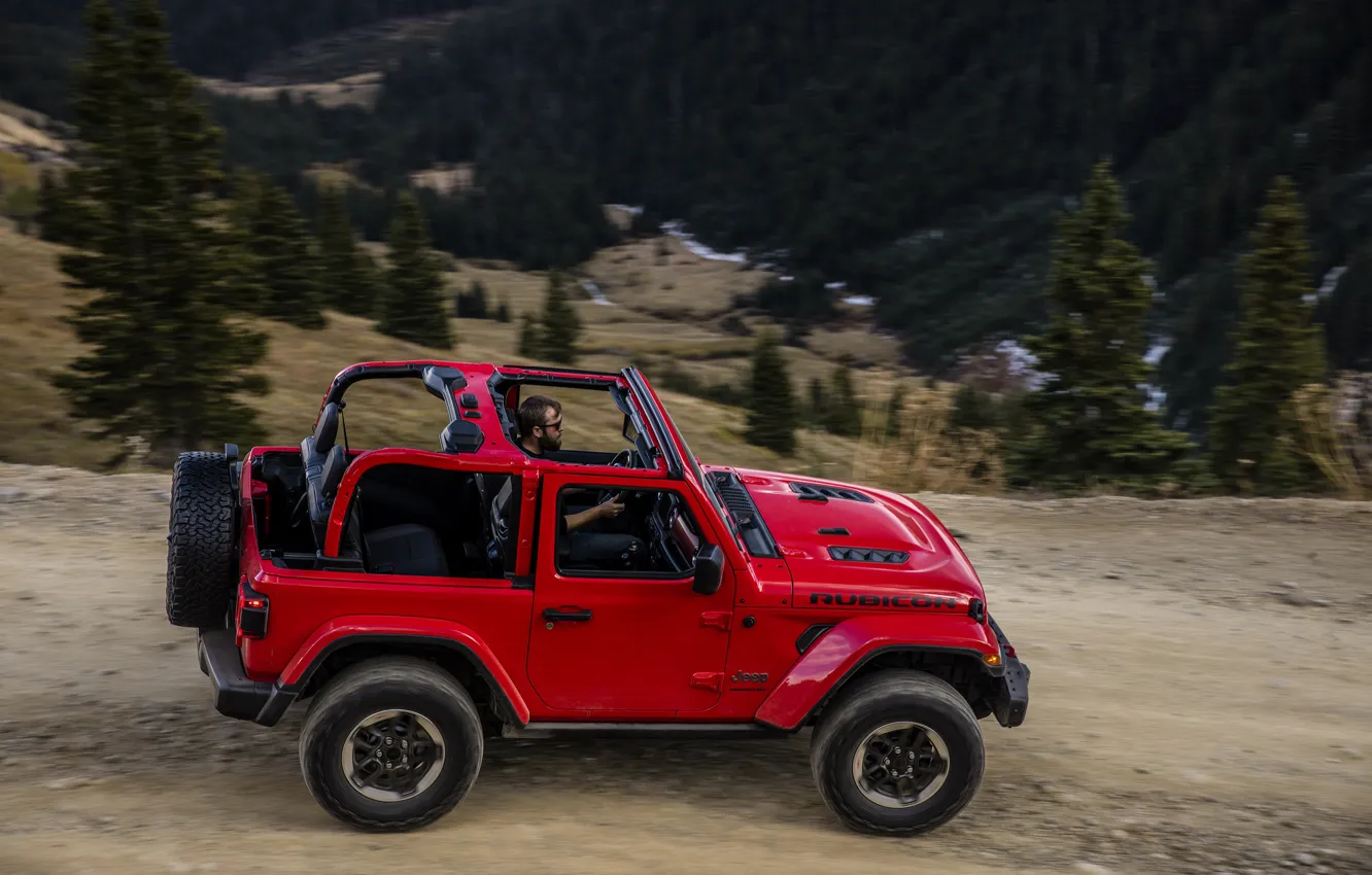 Photo wallpaper trees, red, movement, the slopes, profile, 2018, Jeep, Wrangler Rubicon