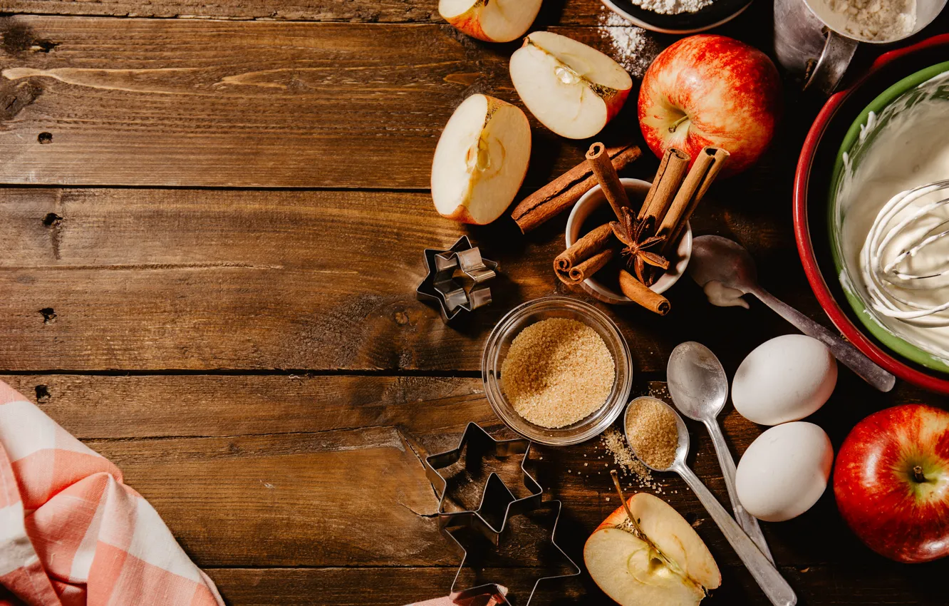 Photo wallpaper apples, eggs, sugar, cinnamon