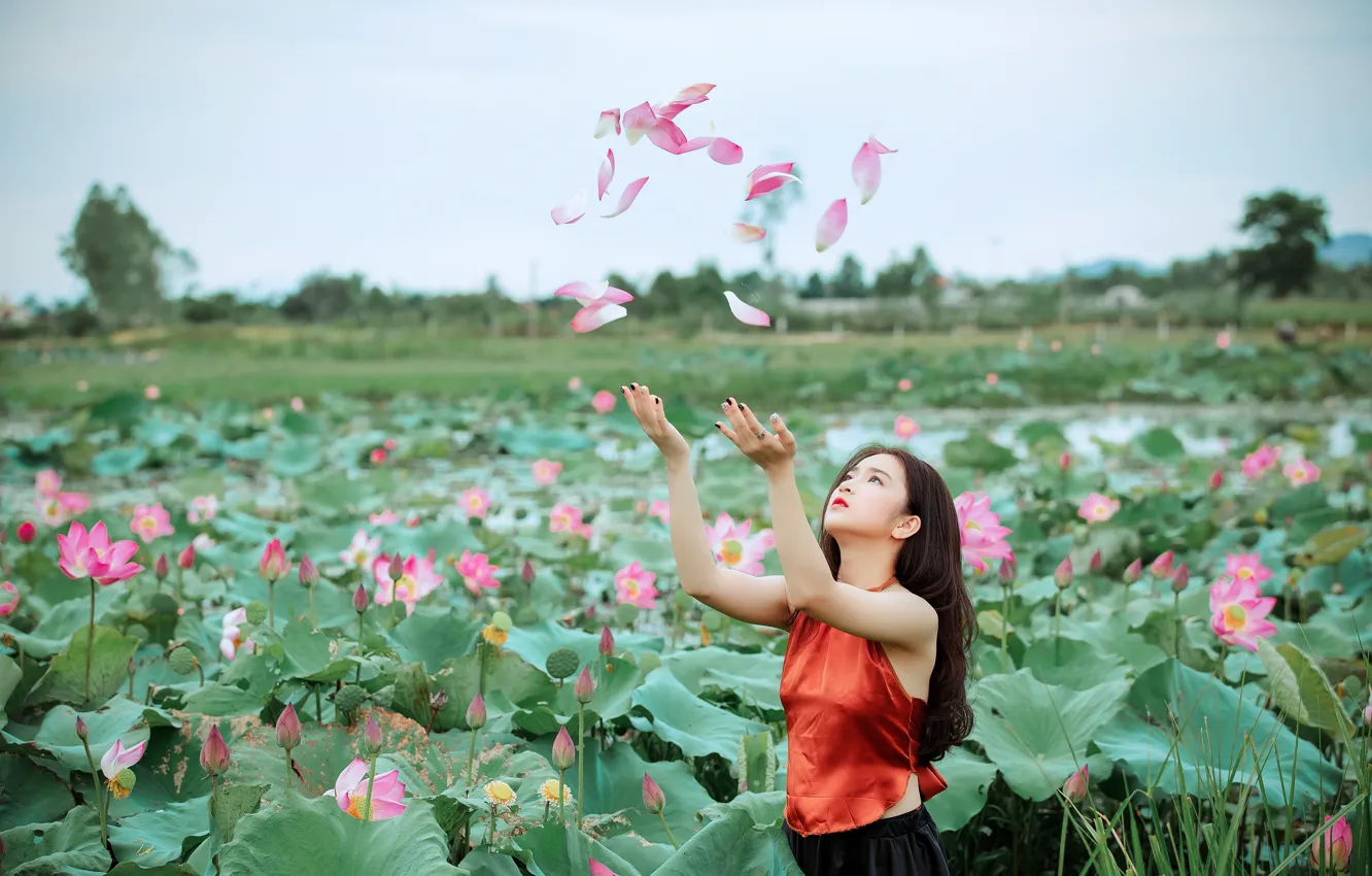 Photo wallpaper field, flowers, long hair, long hair, field, flowers, manicure, manicure