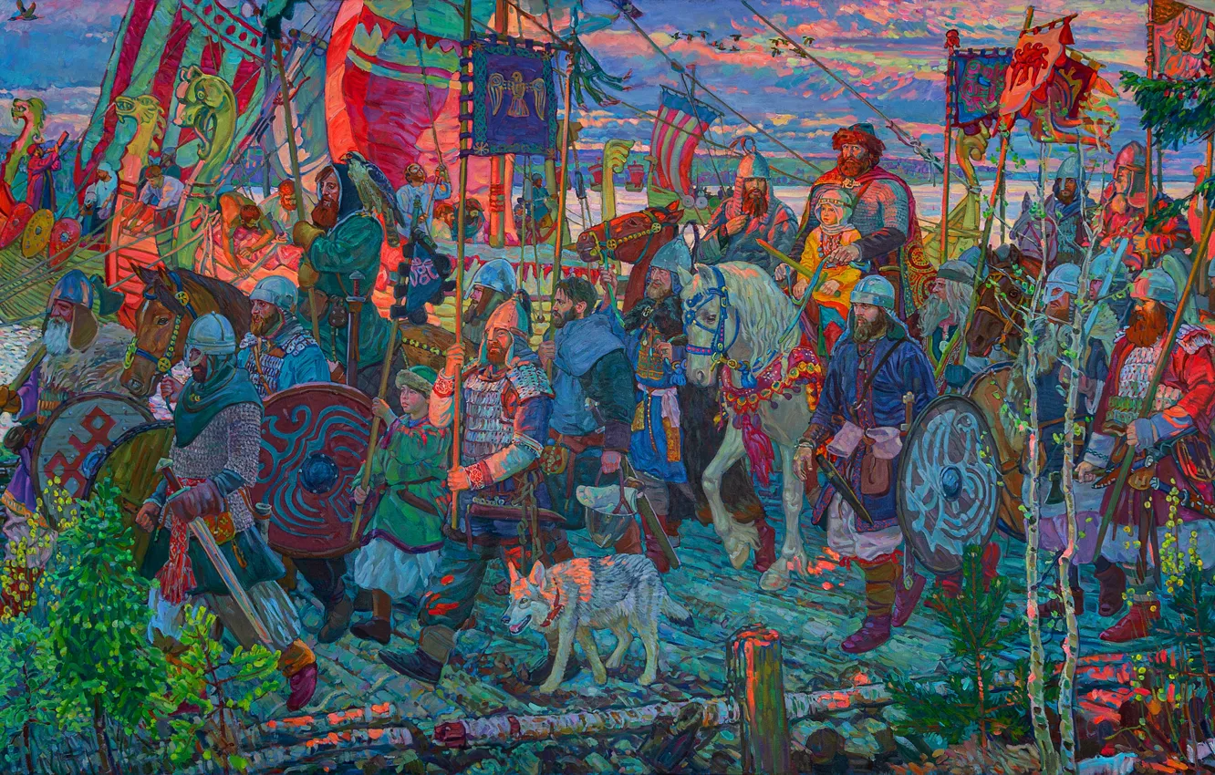 Photo wallpaper horse, ship, picture, warrior, soldiers, male, Slavs, Ilya Lysenkov