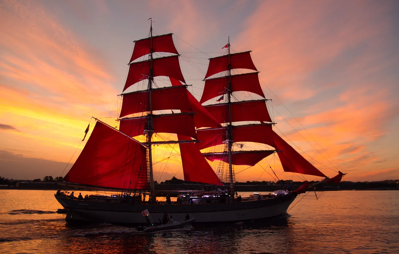 Photo wallpaper sailboat, the evening, scarlet sails