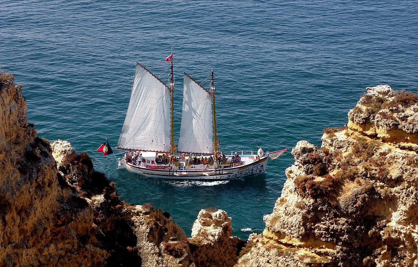 Photo wallpaper landscape, nature, the ocean, rocks, ship, sail, Portugal