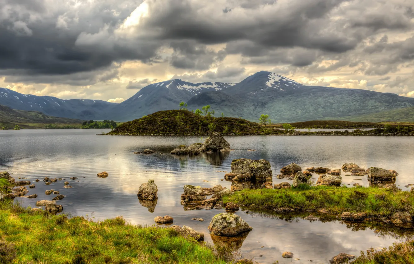 Photo wallpaper clouds, mountains, nature, lake, stones, Scotland