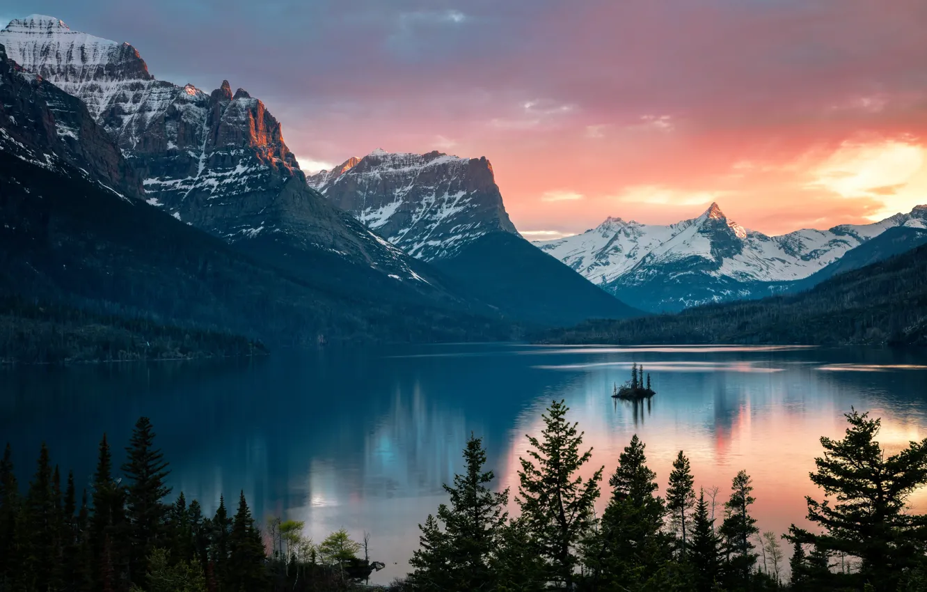 Photo wallpaper the sky, clouds, snow, trees, sunset, mountains, nature, USA