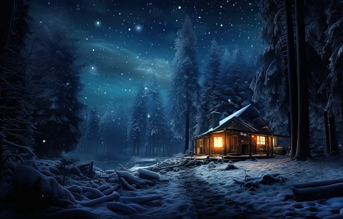 Photo wallpaper winter, forest, snow, mountains, night, nature, house, house