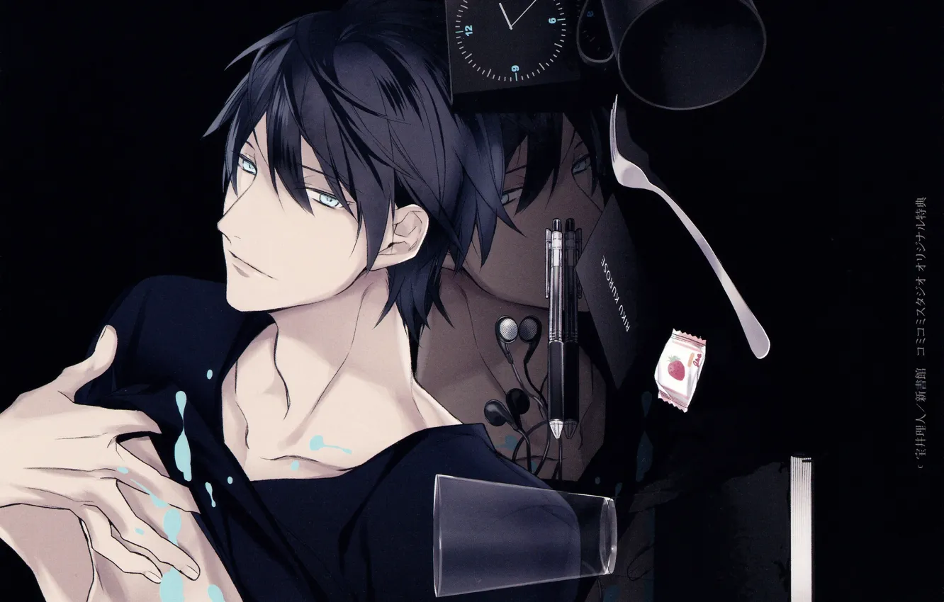 Photo wallpaper face, reflection, headphones, handle, book, guy, blue eyes, art