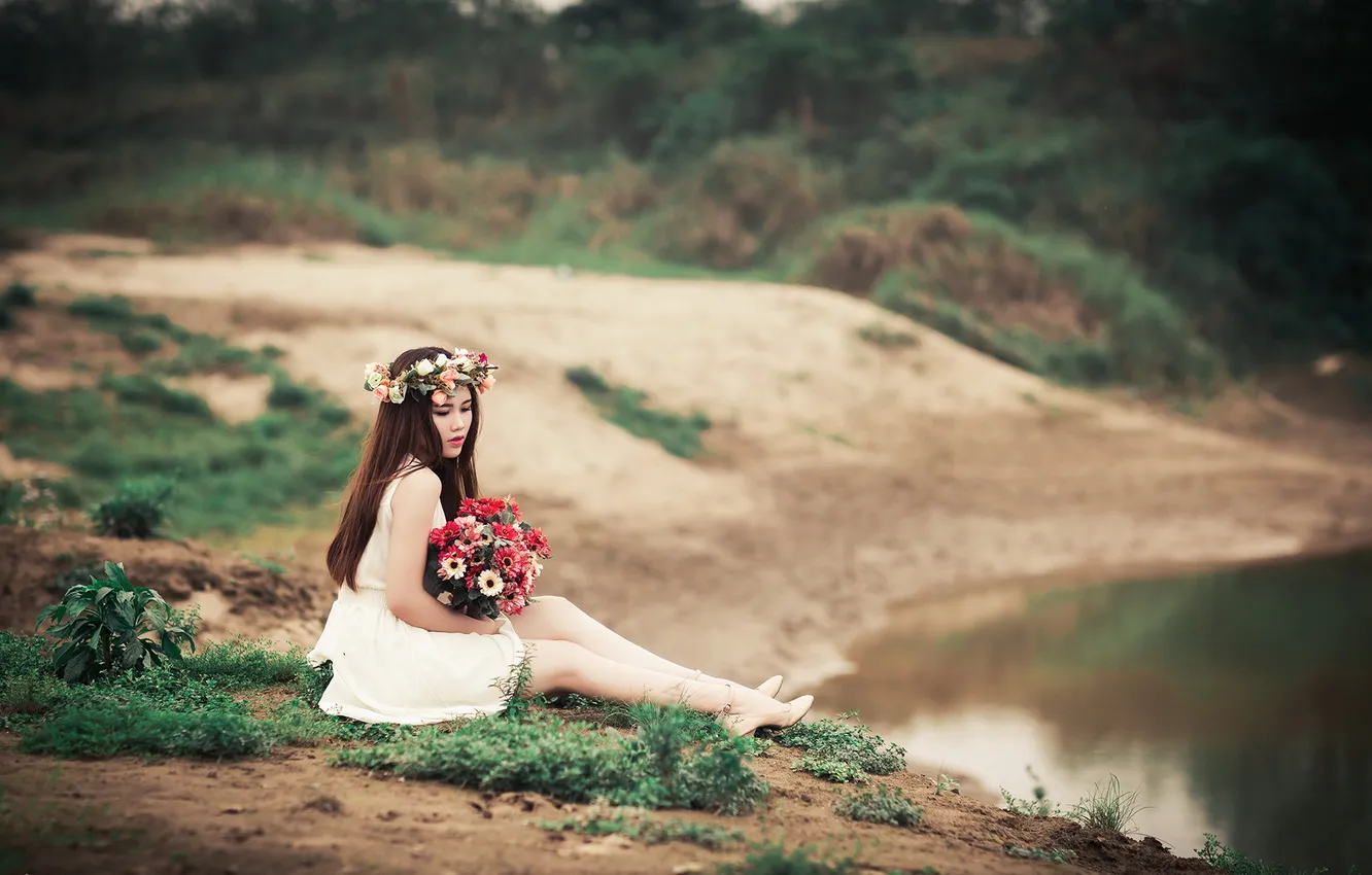 Photo wallpaper girl, flowers, Asian