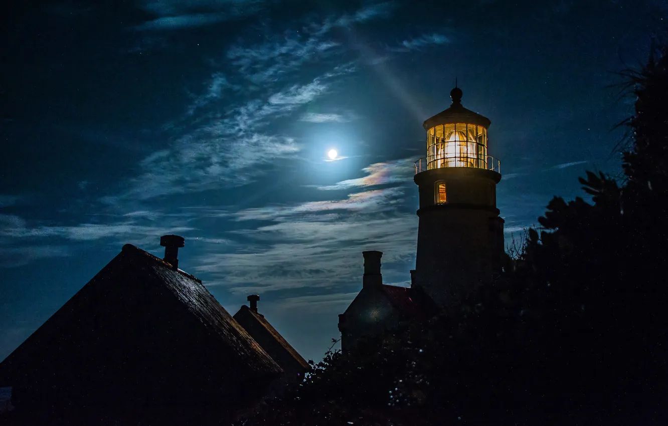 Photo wallpaper the sky, clouds, night, the moon, lighthouse, home