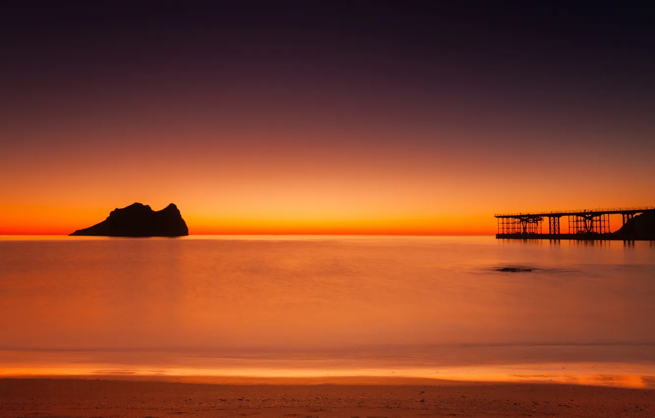 Photo wallpaper sea, the sky, rocks, shore, pier, pierce, glow