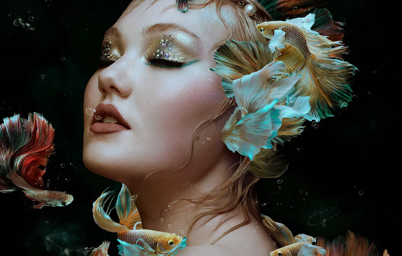 Photo wallpaper girl, fish, face, style, background, makeup, closed eyes, Bella Kotak