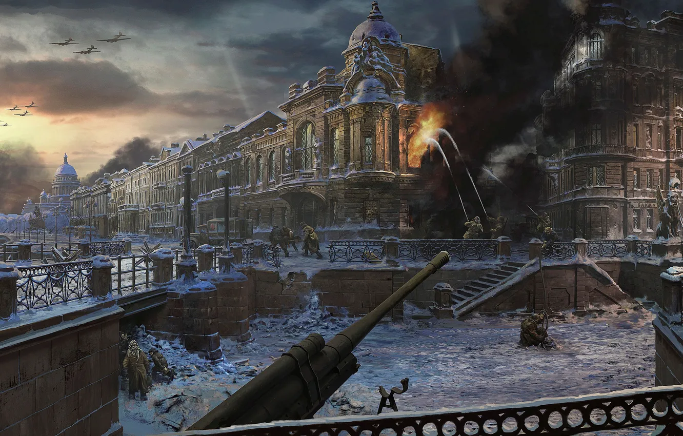 Photo wallpaper winter, snow, fire, war, street, people, home, picture