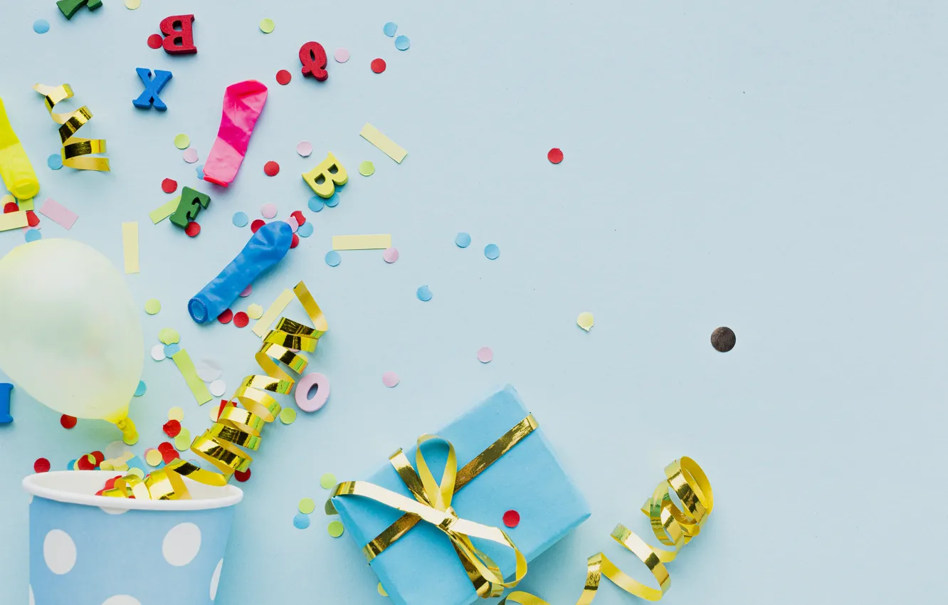 Photo wallpaper balls, glass, letters, birthday, holiday, box, gift, serpentine