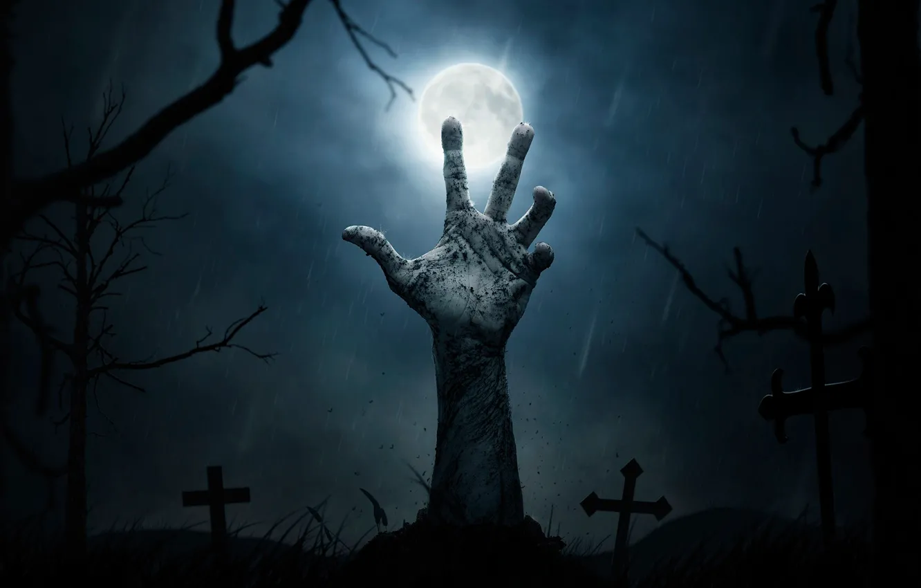 Photo wallpaper night, the moon, crosses, graves, hand, cemetery, Halloween, horror