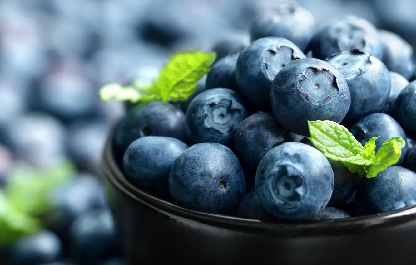 Photo wallpaper macro, berries, blueberries, bowl, leaves, mint, bokeh