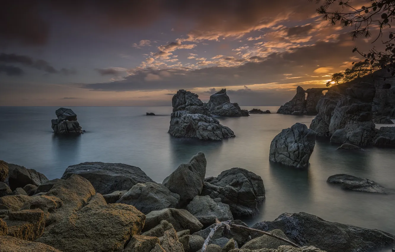 Photo wallpaper sea, landscape, nature, stones, rocks, shore, morning, Spain