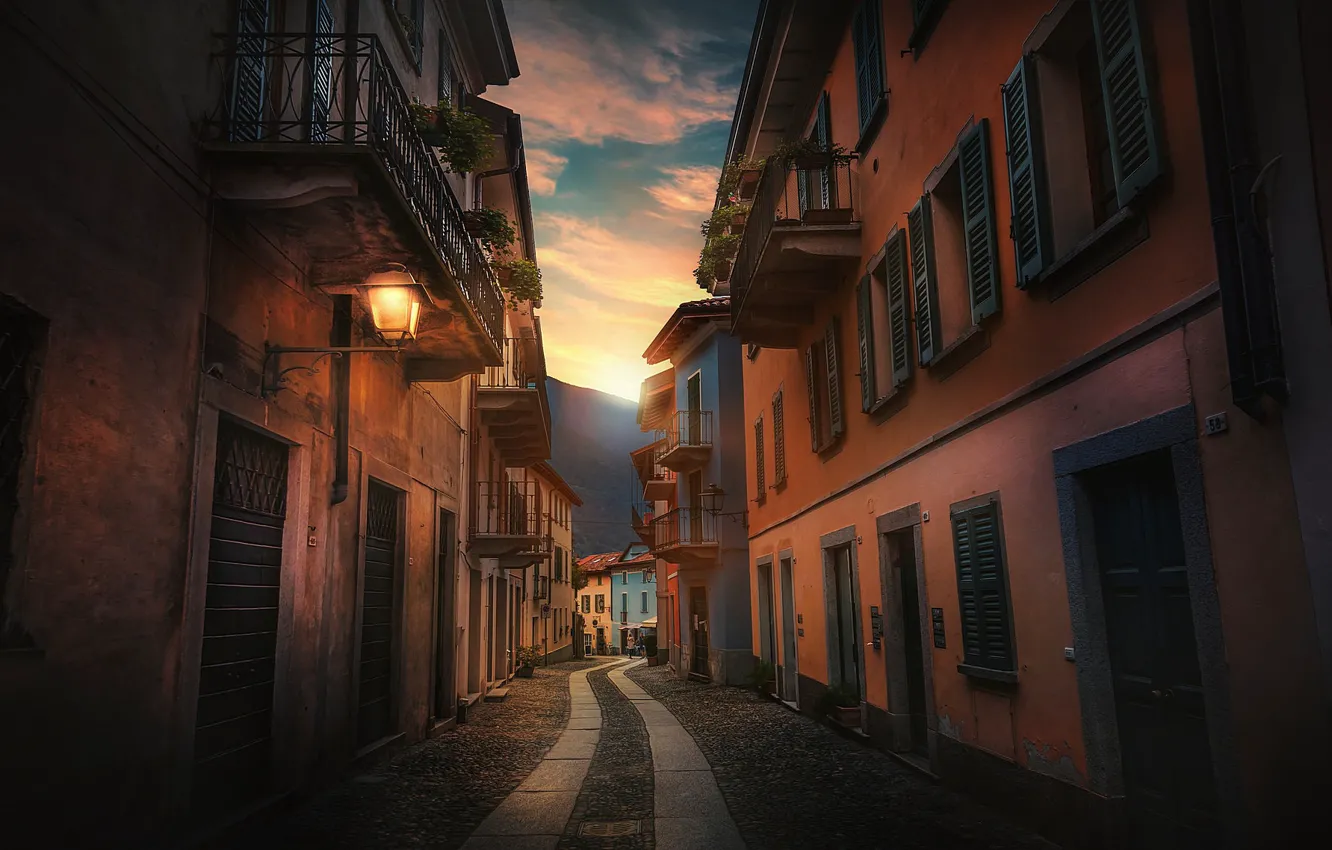 Photo wallpaper street, lights, Italy, Cannobio