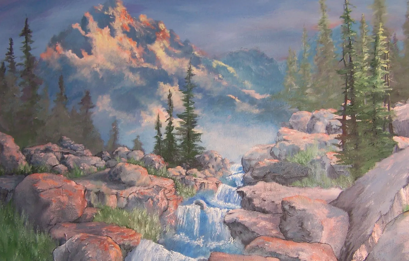 Photo wallpaper trees, landscape, mountains, nature, river, stones, stream, picture