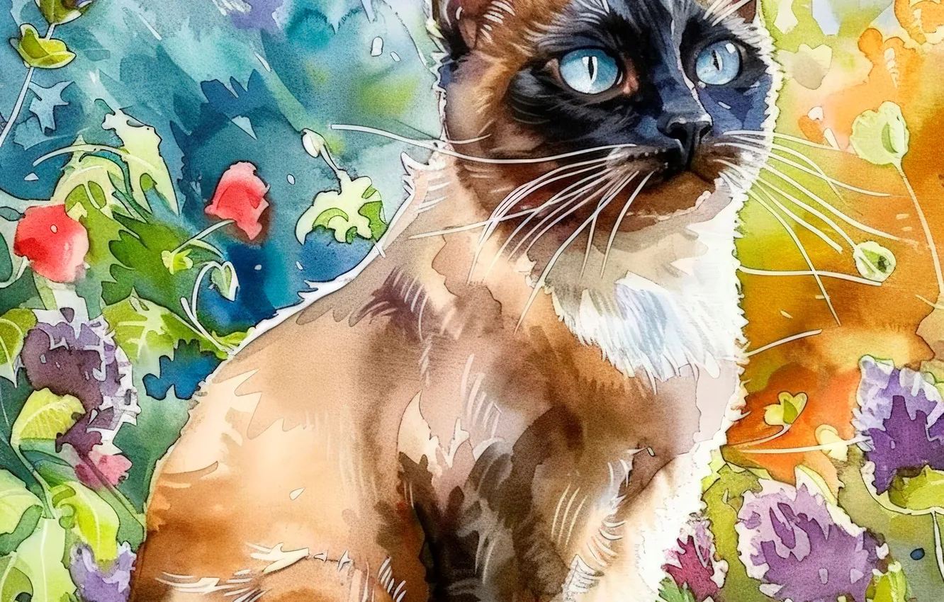 Photo wallpaper cat, cat, mustache, look, face, flowers, art, Siamese