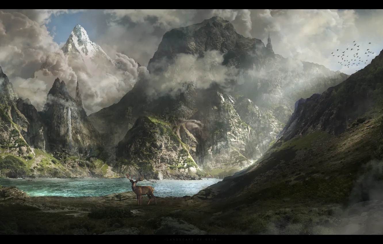Photo wallpaper animals, landscape, mountains, lake, look, deer