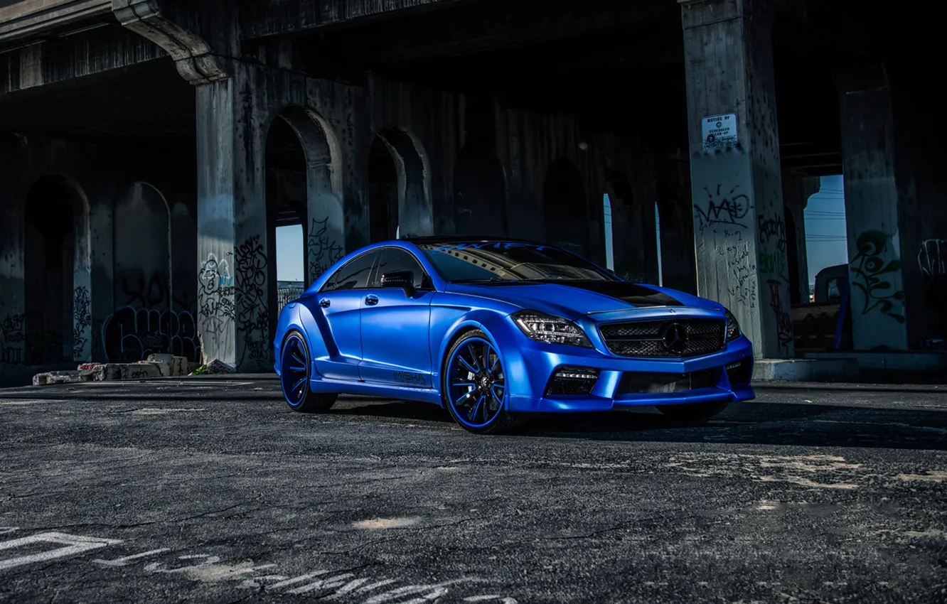 Photo wallpaper Mercedes, Benz, side, blue, CLS550