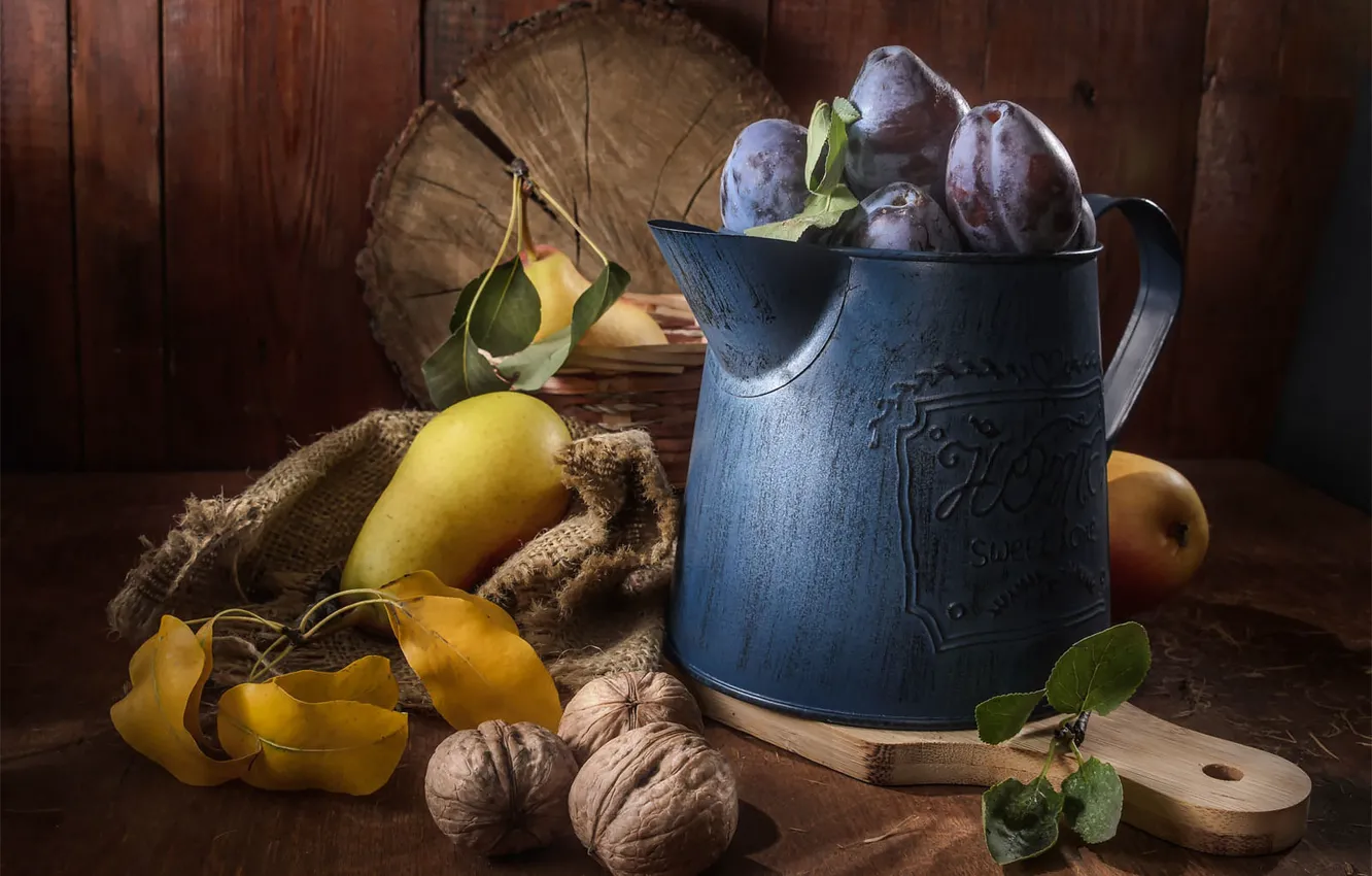 Photo wallpaper leaves, table, Board, fruit, lake, fruit, nuts, still life