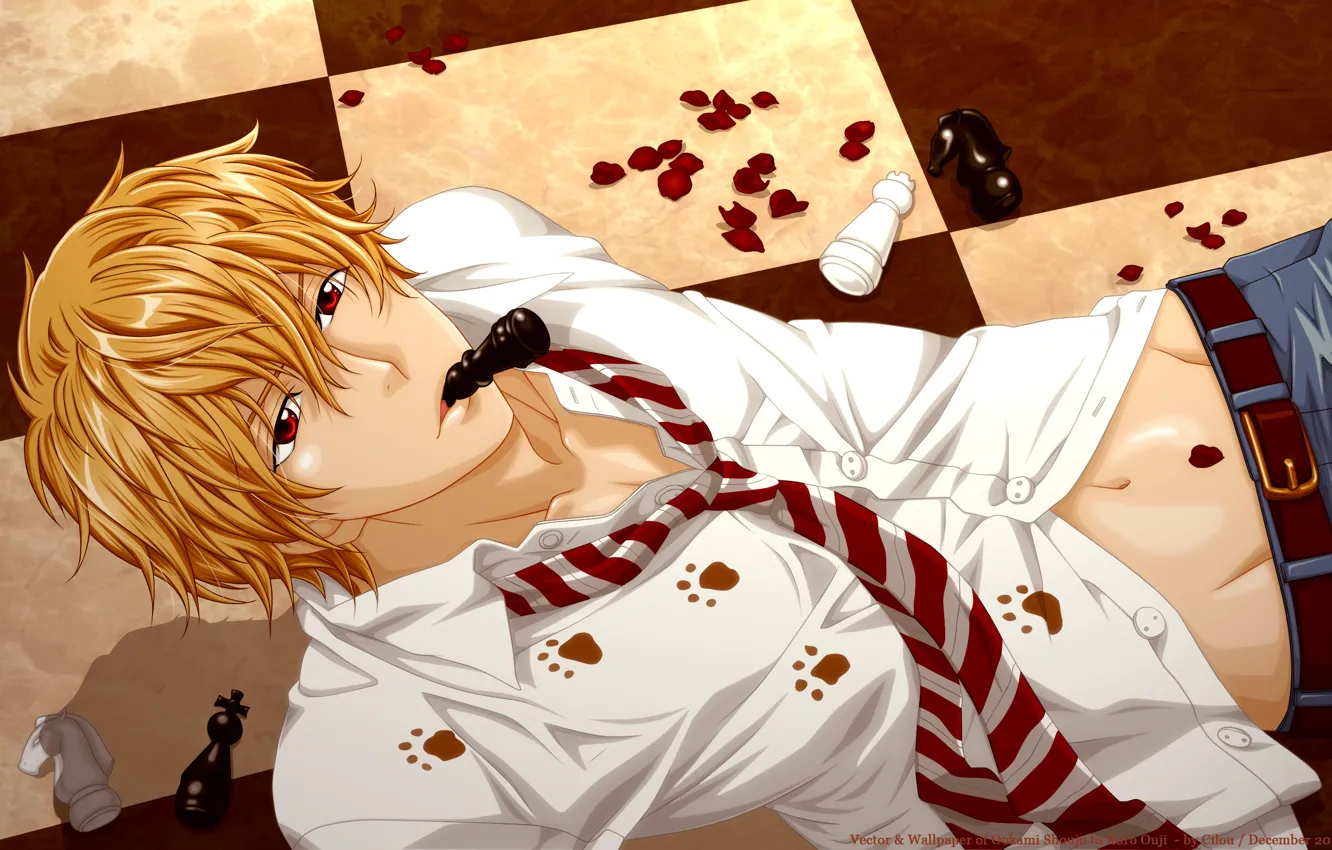 Photo wallpaper look, petals, guy, blonde, Wolf girl and black Prince, ookami shoujo to fuel ouji