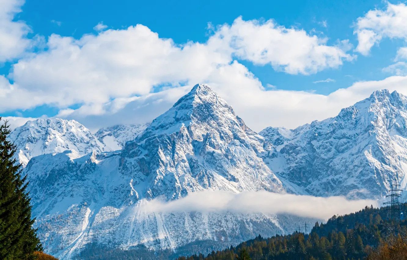 Photo wallpaper winter, forest, clouds, light, snow, landscape, mountains, nature