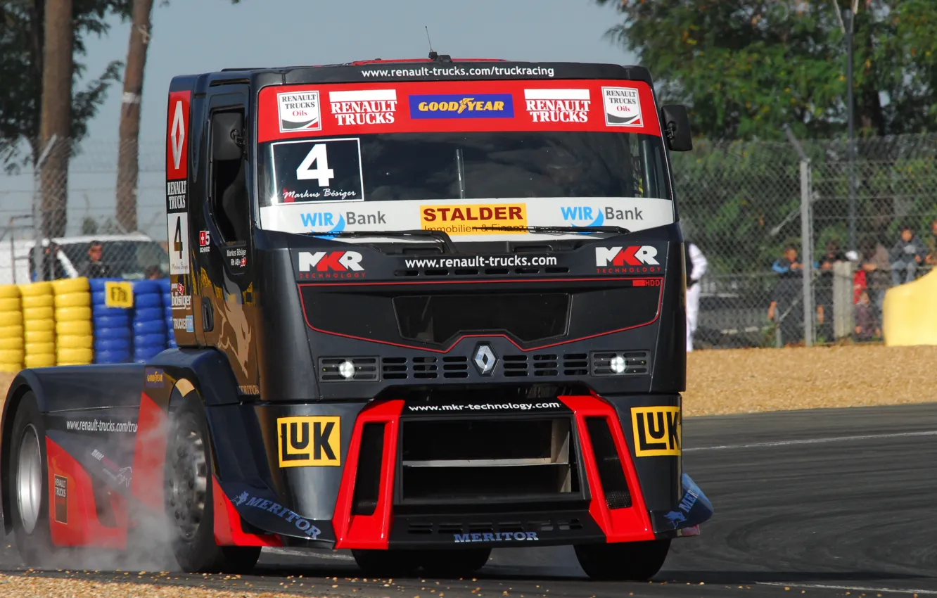 Photo wallpaper asphalt, smoke, track, truck, Renault, racing, Renault Trucks, Premium Course MKR