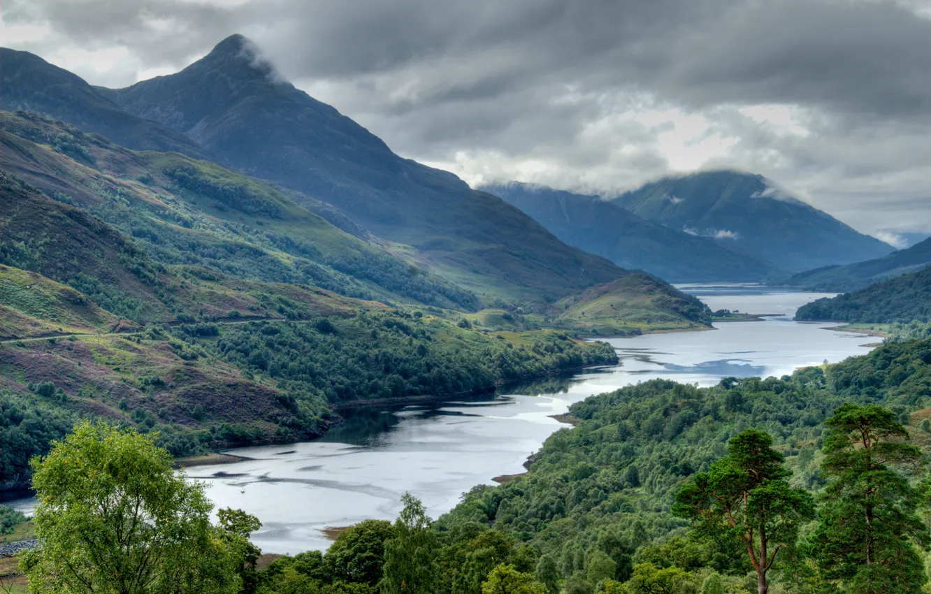 Photo wallpaper the sky, water, clouds, mountains, clouds, river, tree, Scotland