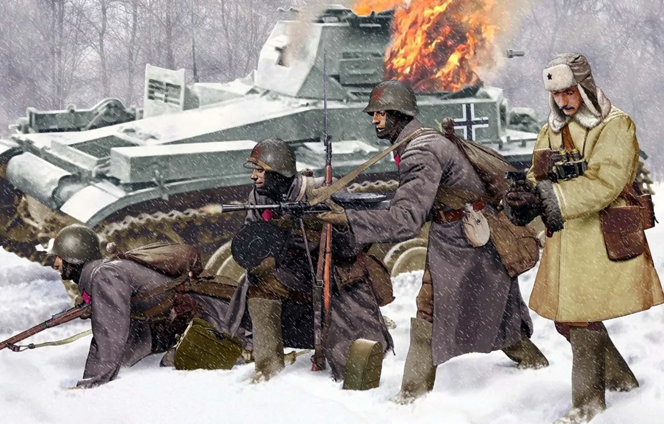 Photo wallpaper winter, soldiers, 1941, burning tank, Soviet infantry