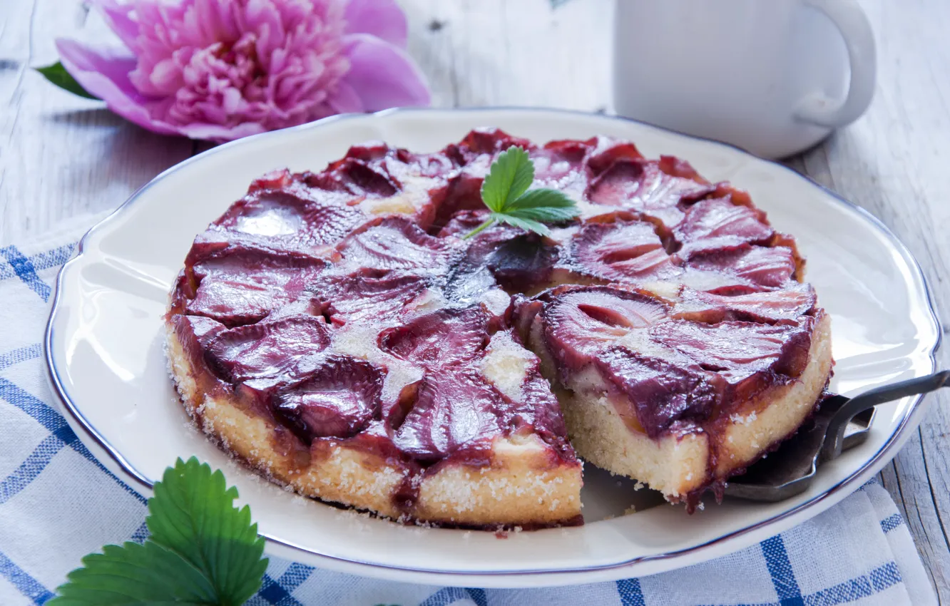 Photo wallpaper strawberry, pie, leaf, cakes, peonies