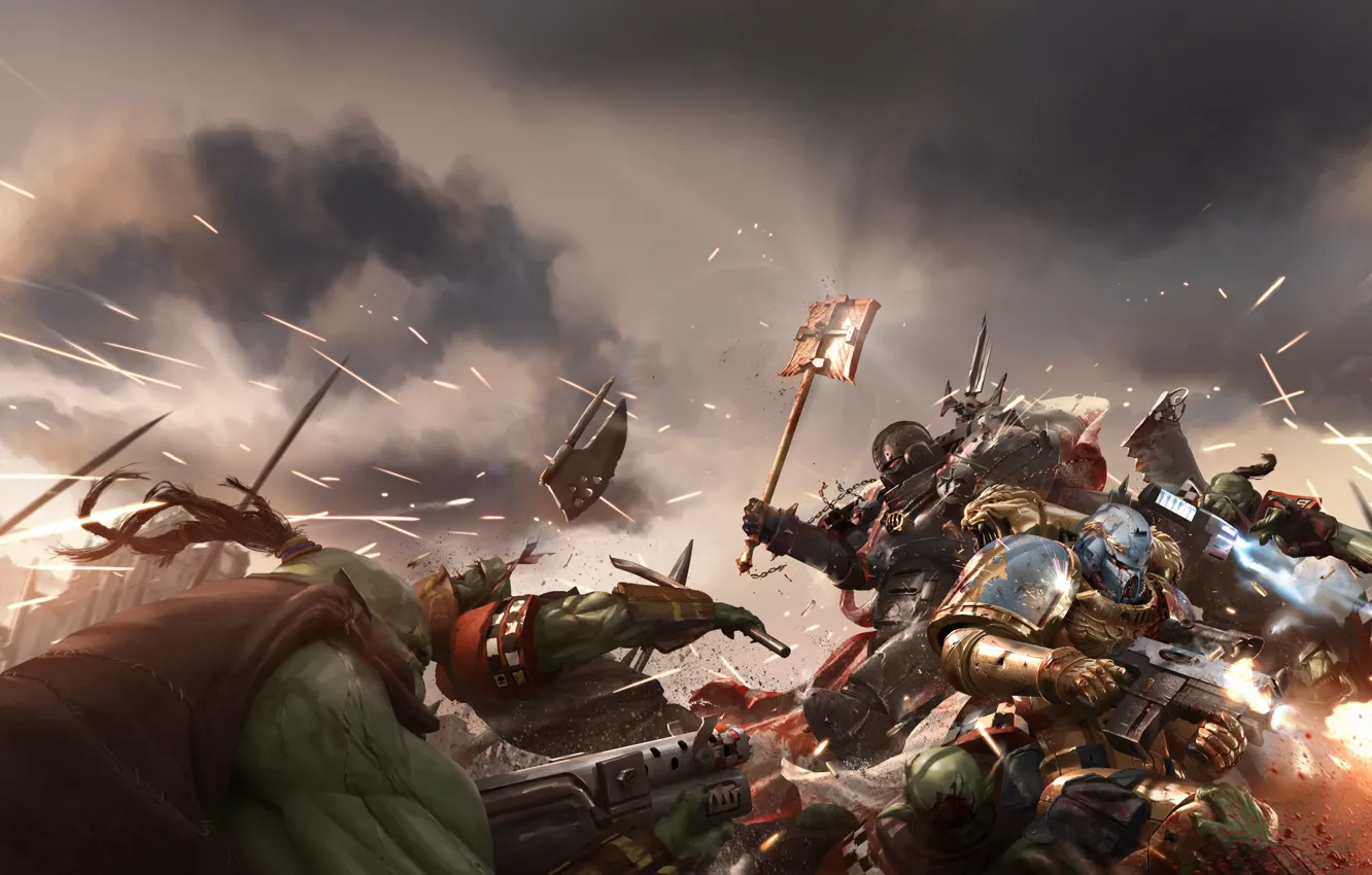 Photo wallpaper war, battle, battle, Orc, art, space marine, warhammer 40k, Warhammer