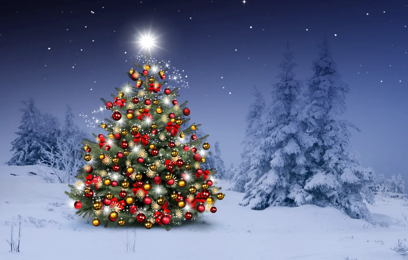 Photo wallpaper winter, snow, decoration, snowflakes, balls, tree, new year, Christmas