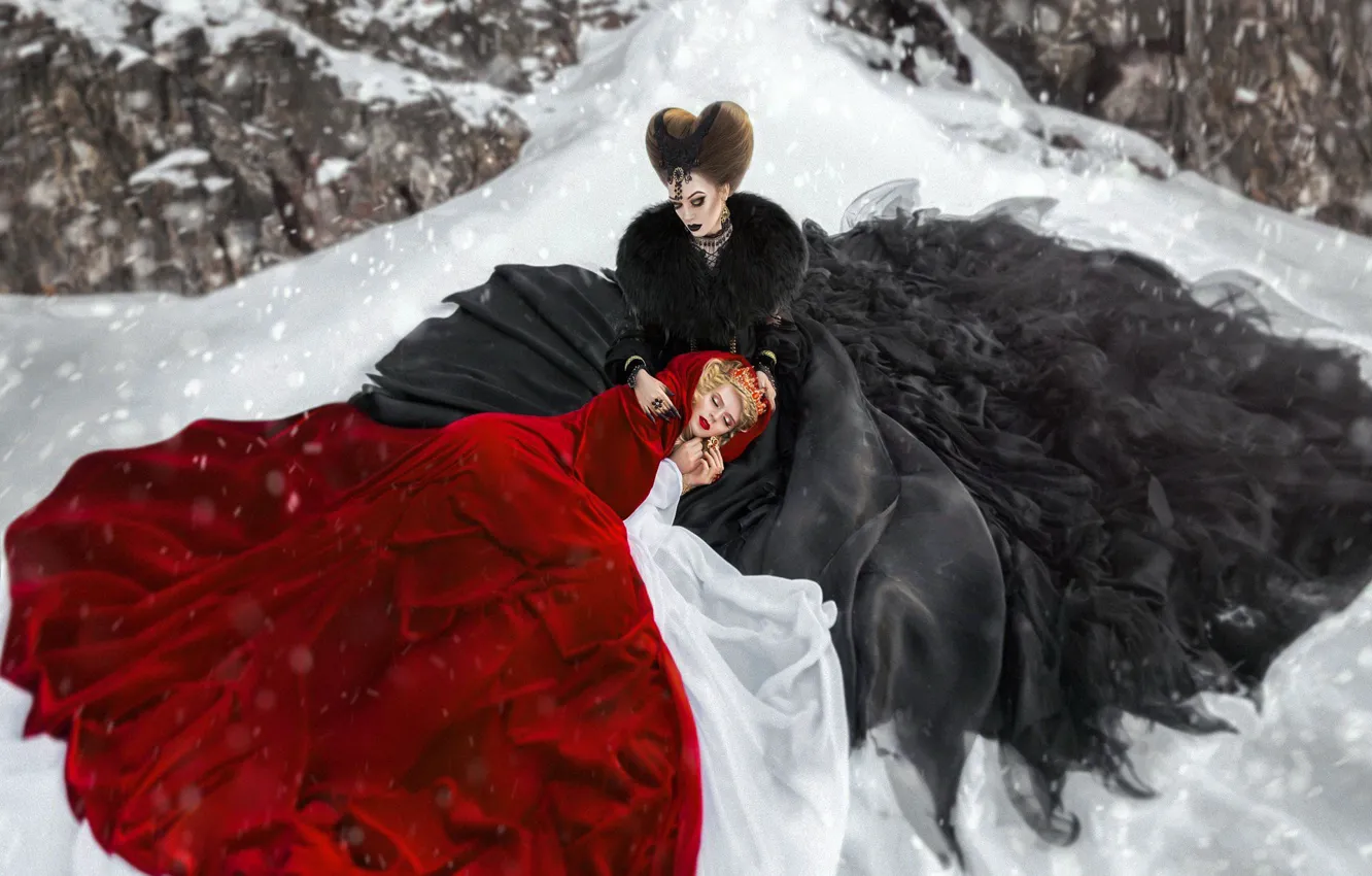 Photo wallpaper winter, girl, snow, nature, pose, rocks, woman, sleep