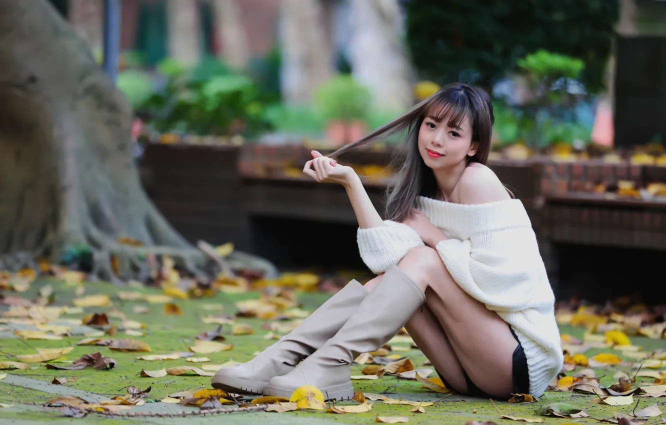Photo wallpaper pose, smile, boots, legs, Asian, gesture, cute girl, bright lipstick