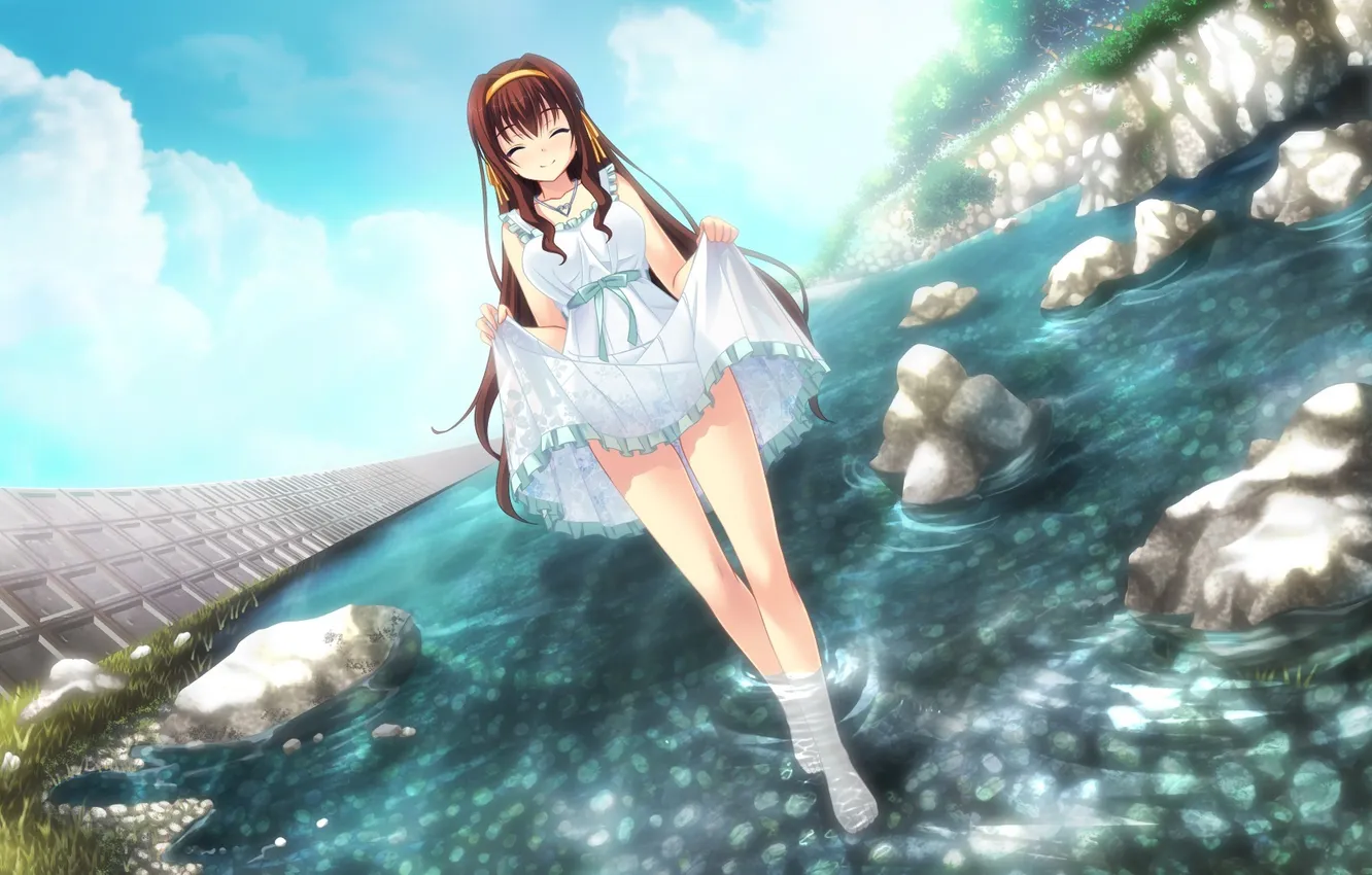 Photo wallpaper water, girl, nature, river, stones, anime, art