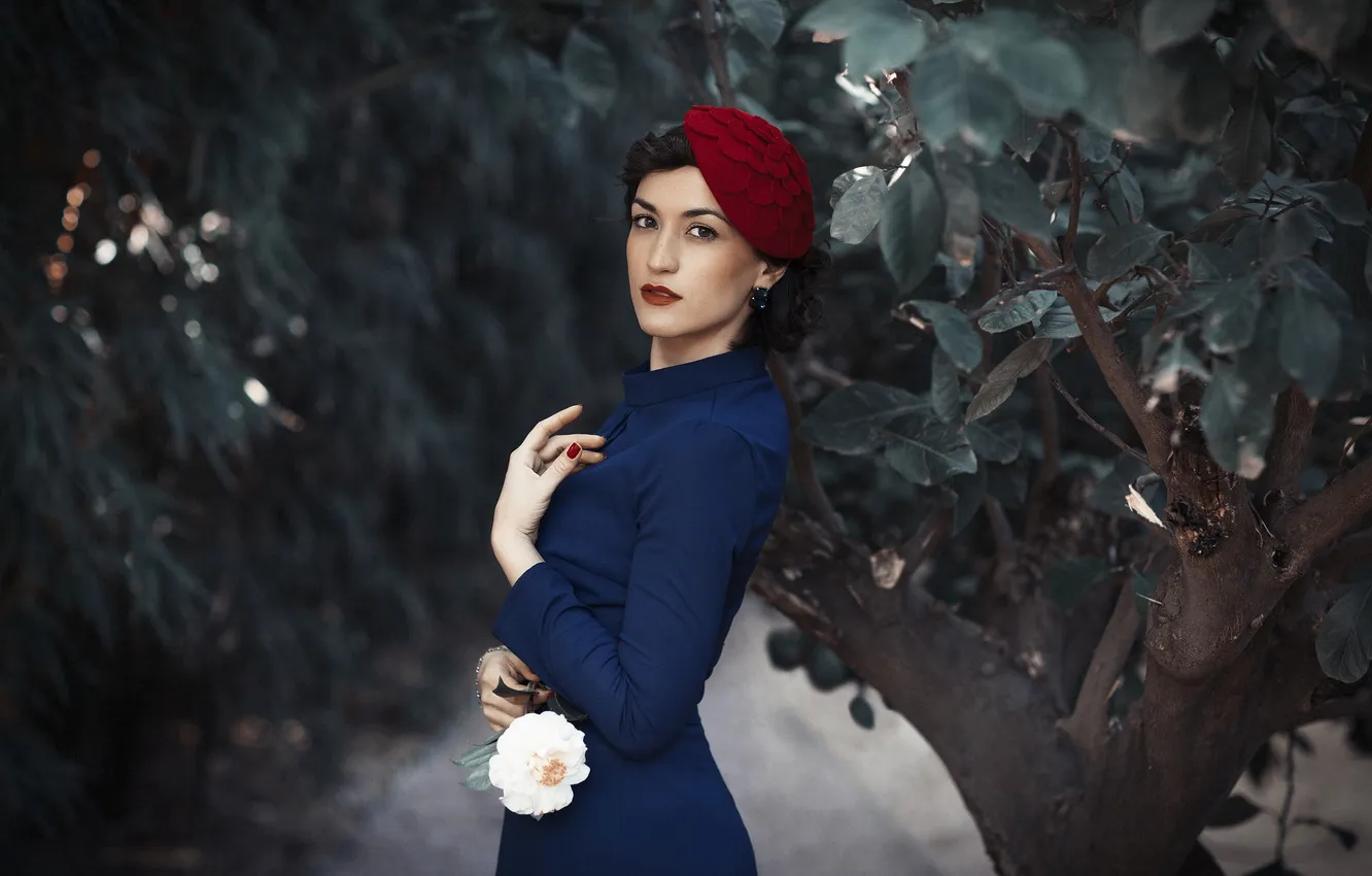 Photo wallpaper look, girl, flowers, face, style, background, clothing