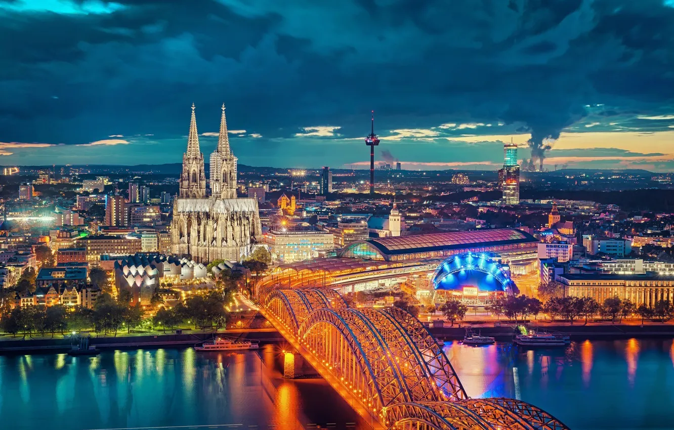 Photo wallpaper night, bridge, lights, river