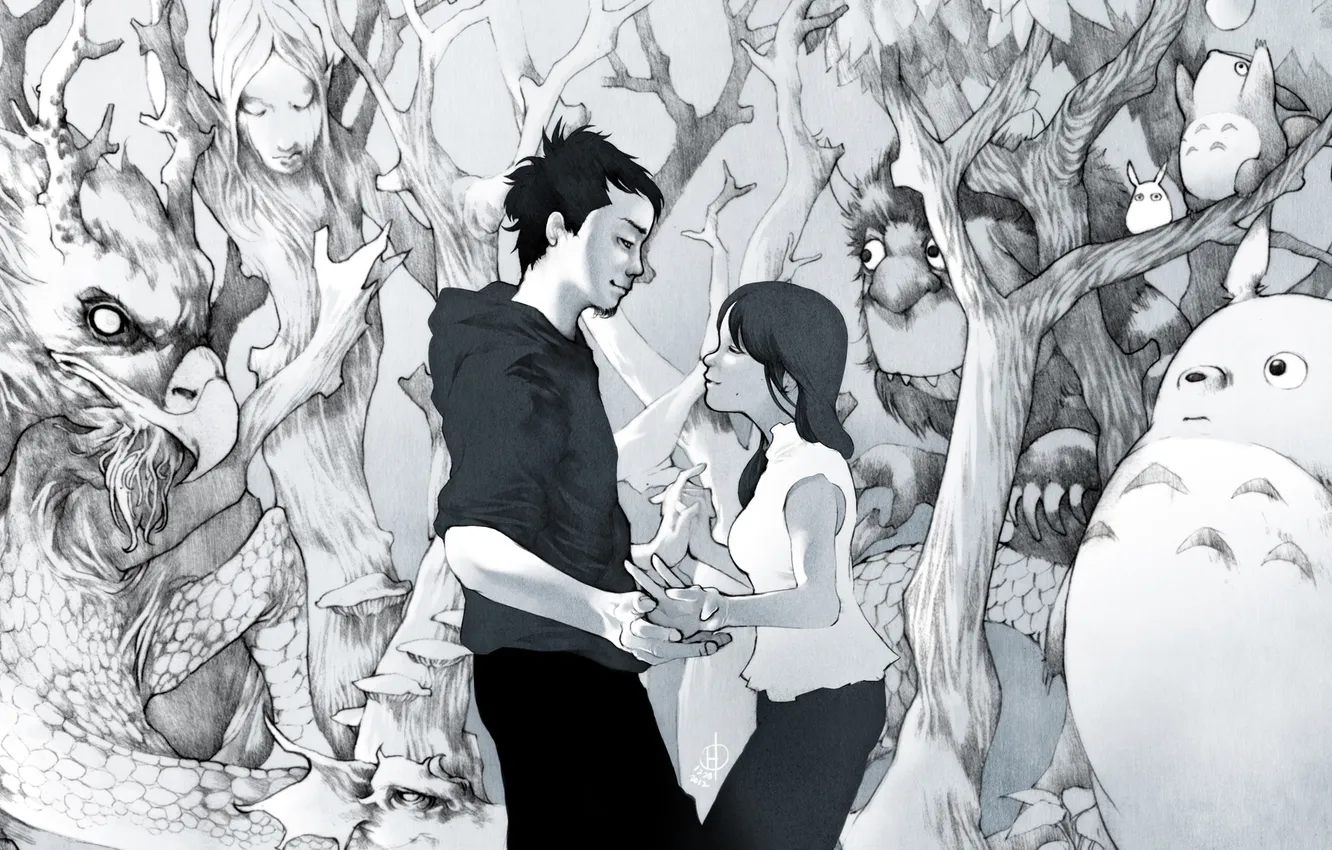 Photo wallpaper girl, figure, art, guy, Totoro, characters